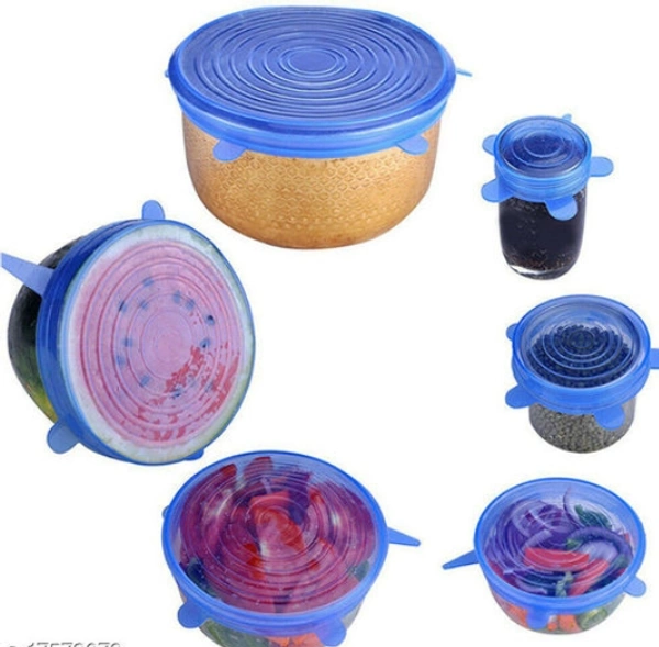 6Pcs Silicone Stretch Preserve Pot Bowl Fruit Lid for Fridge Microwave Food Container Cover  - Silicon,  Clips & Lids, 6pieces